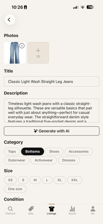 A listing form with photo, title and description filled in and a Generate with AI button
