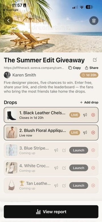 A live campaign with a series of drops opening one at a time and a Copy/Share referral link