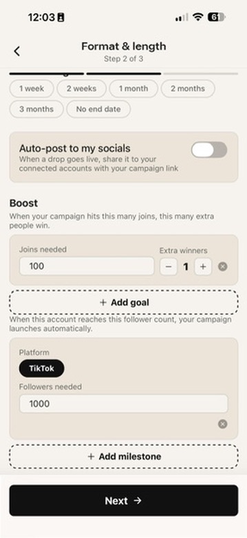Setting community goals where a number of joins unlocks extra winners, plus a follower milestone for auto-launch