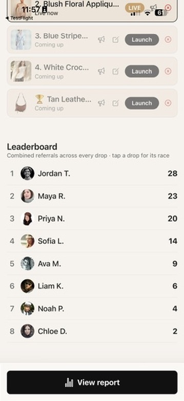 The campaign leaderboard ranking entrants by how many friends they referred