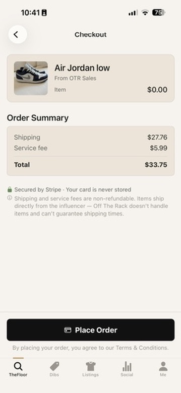 Secure Stripe checkout with an order summary of shipping, service fee and total