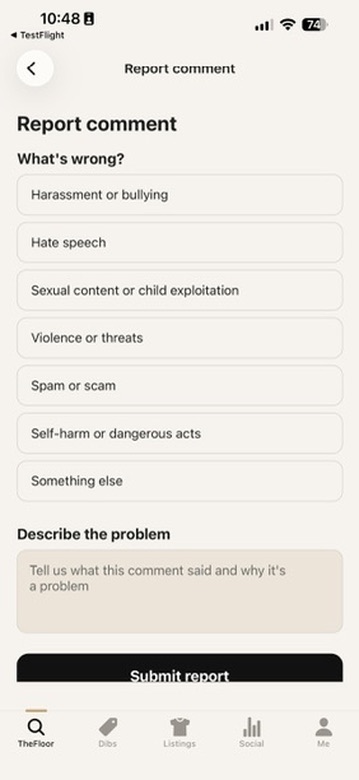 The report comment reason picker with options like harassment, hate speech and spam
