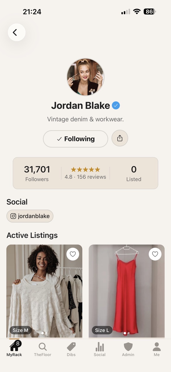 An influencer profile with followers, rating, and active listings