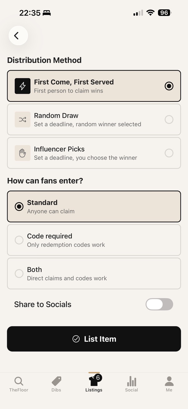 List an item and choose first-come, random draw, or you pick the winner