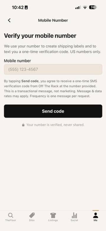 The verify your mobile number screen with a Send code button