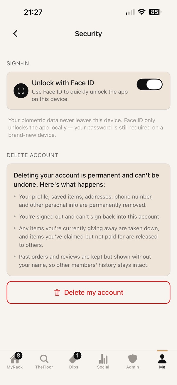 Security settings including Face ID and account deletion