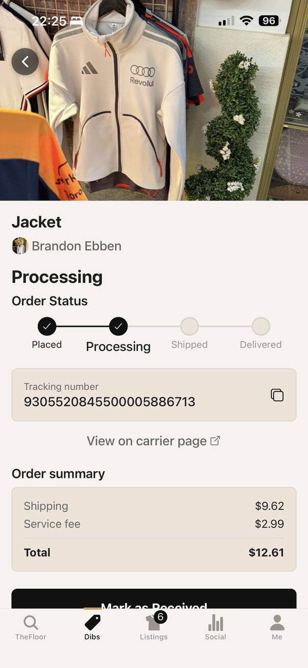 Live order tracking from placed to delivered, with a carrier tracking number